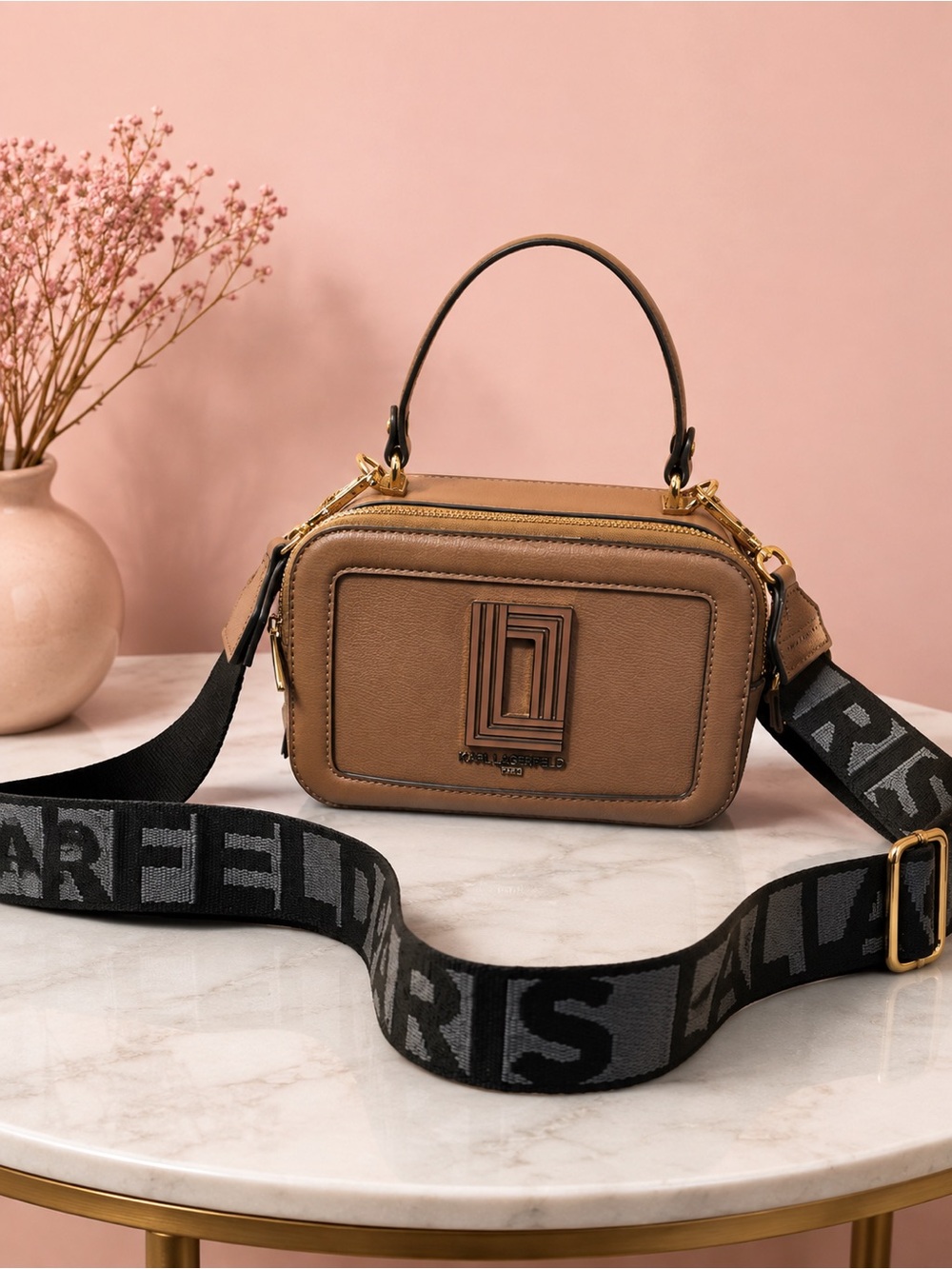 Karl Lagerfeld Paris Simone Top Handle Crossbody Bag Tan Honey Bear